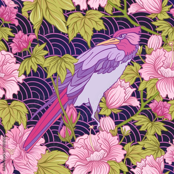 Fototapeta Seamless pattern with pink peony and bird in Japanese style. Vec