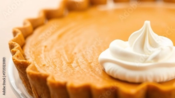 Fototapeta Pumpkin Pie Delight: A close-up shot showcases a delicious pumpkin pie, complete with a golden, flaky crust and a generous dollop of whipped cream, invoking feelings of warmth and culinary excellence.