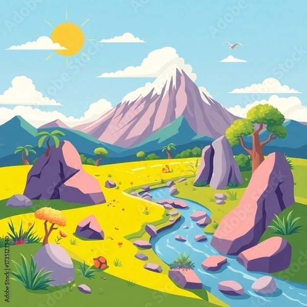 Fototapeta Serene Mountain Landscape: A vibrant illustration of a tranquil mountain landscape, featuring a winding river, lush greenery, and a bright sun in a whimsical, inviting art style.