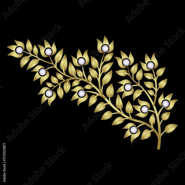 Obraz Stylized branch with leaves. Vintage floral design. Golden glossy silhouette with white pearls on black background.