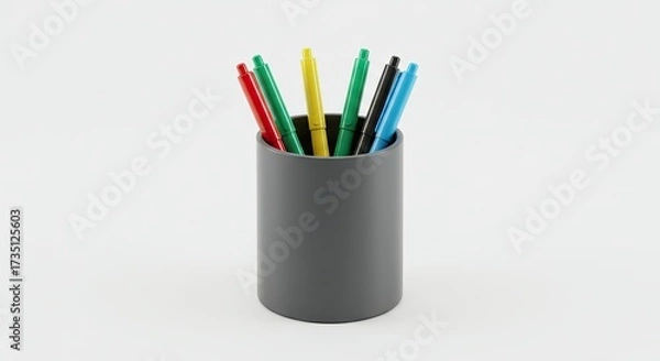 Obraz A gray cylindrical pen holder filled with colorful pens on a white background.