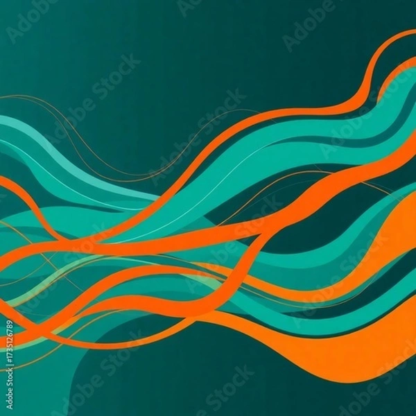 Fototapeta Abstract Flowing Waves: This image presents a dynamic and visually appealing design featuring elegant, flowing waves in vibrant teal and orange hues set against a deep teal backdrop.