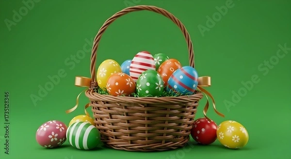 Fototapeta A wicker basket overflowing with colorful, decorated Easter eggs, on a green backdrop.