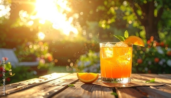 Obraz Refreshing cocktail with orange slice and mint in a sunny outdoor setting