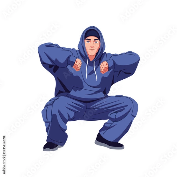 Fototapeta 2D flat vector illustration of a gilpy teenage boy in oversized streetwear squatting low to the ground, bouncing to the rhythm with both elbows bent outward