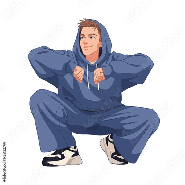 Fototapeta 2D flat vector illustration of a gilpy teenage boy in oversized streetwear squatting low to the ground, bouncing to the rhythm with both elbows bent outward