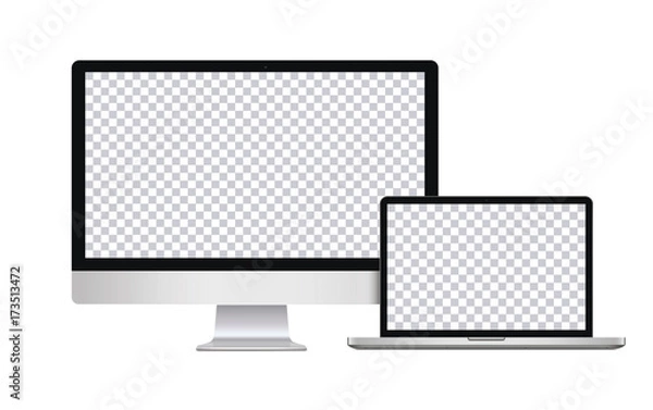 Fototapeta Realistic Computer, Laptop, in imac, macbook style with Blank Wallpaper Screen Isolated on Transparent Background. Use for Template. Set of Device Mockup. Separate Groups and Layers. Easily Editable.