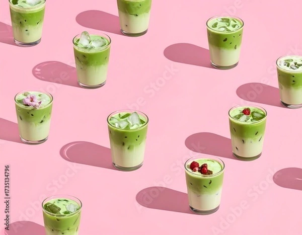Fototapeta Refreshing Matcha Lattes with Ice and Pink Backdrop for Aesthetic Drinks