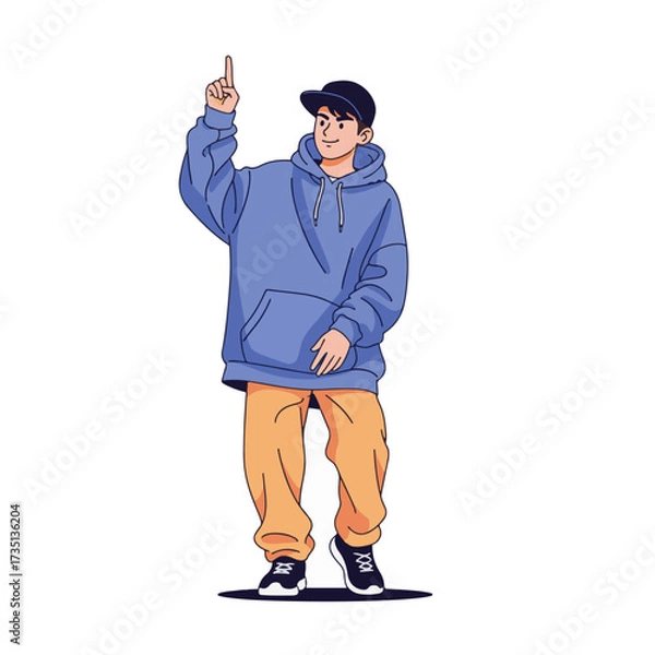 Fototapeta 2D flat vector illustration of a gilpy teenage boy in oversized hoodie and cap, pointing one finger up while bouncing his body in rhythm