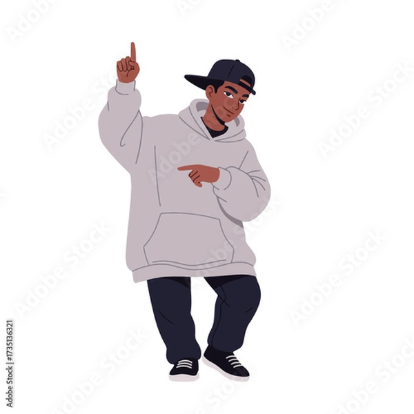 Fototapeta 2D flat vector illustration of a gilpy teenage boy in oversized hoodie and cap, pointing one finger up while bouncing his body in rhythm