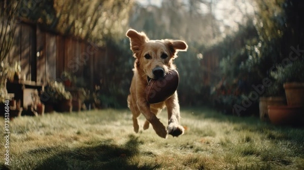 Fototapeta Golden Retriever Running With Football in Mouth, Representing Family Fun and Active Lifestyle in Backyard : Generative AI