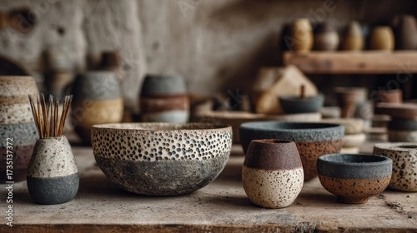 Fototapeta Handmade Ceramic Bowls and Vases on Wooden Table, Showcasing Artisan Craftsmanship and Sustainable Design for Interior Decoration : Generative AI
