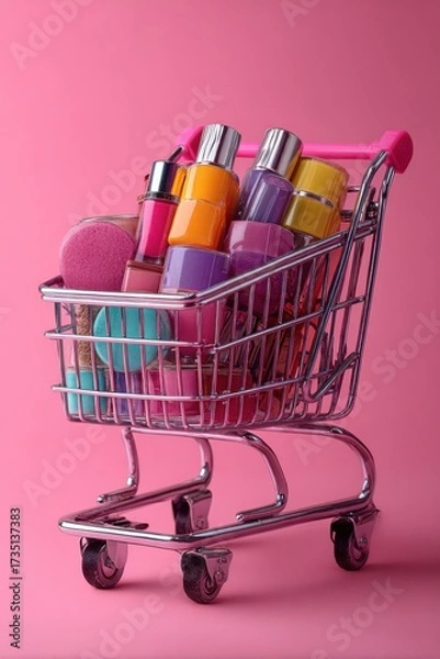 Fototapeta Cosmetics in Shopping Cart on Pink Backdrop, Representing Beauty Product Sales and Retail Therapy, Perfect for Advertising and E-Commerce : Generative AI
