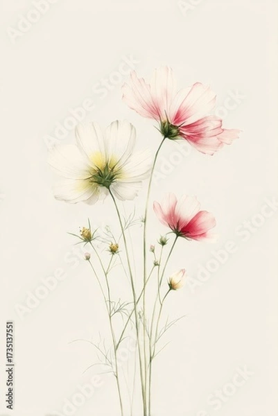 Fototapeta Elegant Cosmos Flowers in Watercolor Style, Evoking Natural Beauty and Artistic Inspiration for Botanical Designs and Floral Decoration : Generative AI