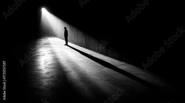 Fototapeta Silhouette of a Man Standing in a Tunnel of Light, Representing Hope and New Beginnings, Ideal for Mental Health and Recovery Campaigns : Generative AI