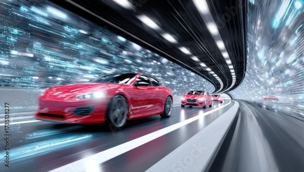 Fototapeta Red Cars Speeding Through Data Tunnel, Illustrating Automotive Innovation and Technological Advancement for Future Transportation Solutions : Generative AI