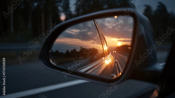 Fototapeta A side mirror reflects a vibrant sunset, showcasing a serene landscape with trees and a tranquil road, evoking a sense of calm and travel.