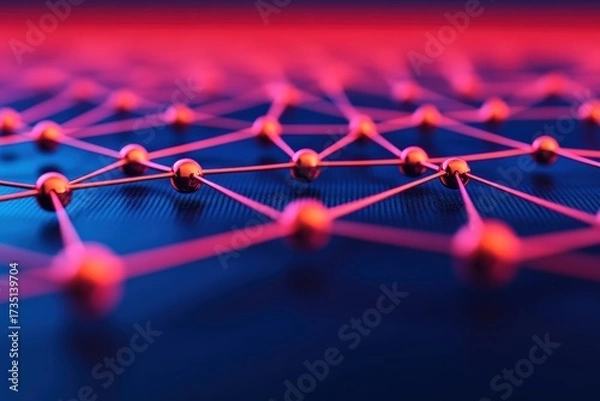 Fototapeta Abstract network grid showing interconnected nodes on a dark blue background with vibrant pink light, illustrating technology concept