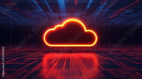 Fototapeta Glowing cloud icon symbolizing cloud computing, data storage, and network technology in a dark, abstract digital environment