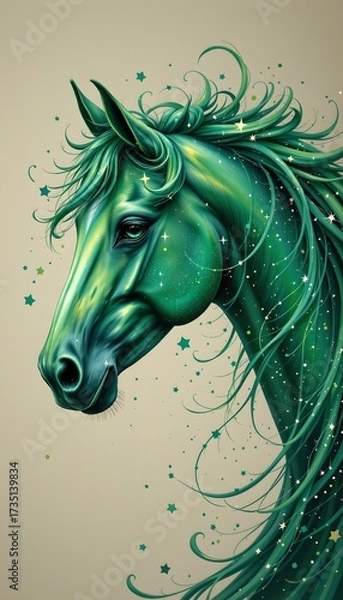 Fototapeta Emerald horse sideprofile enchanted forest digital art whimsical close-up view magical concept