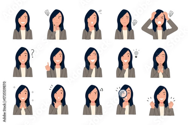 Obraz Vector illustration set of woman character with various emotions and gestures. Perfect for business, freelance, remote work, social media, online meetings, chat stickers and web design.