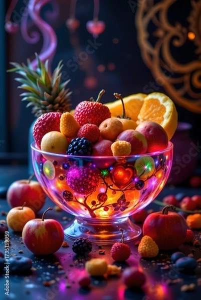 Fototapeta Surreal fruit bowl glowing with lights kitchen table food art colorful close-up imagination