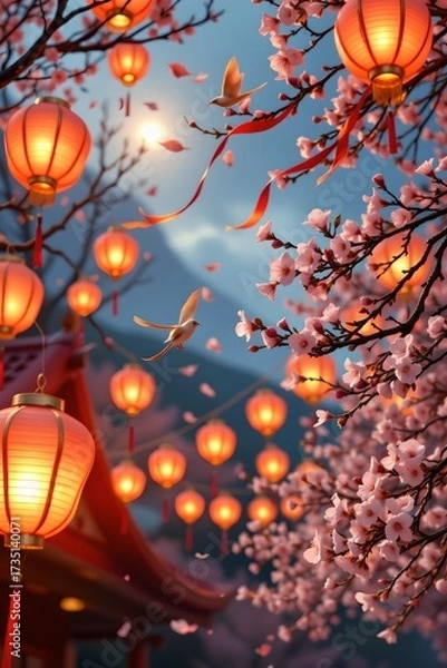 Fototapeta Swirling lanterns emitting warm golden glow cherry blossom festival nighttime festive atmosphere enchanting view