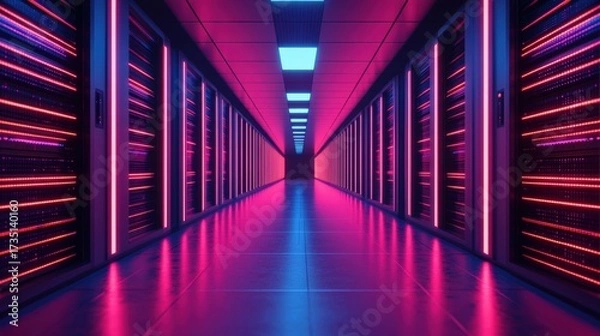 Fototapeta Server racks with glowing red data lights lining a symmetric data center corridor illuminated by blue and pink neon