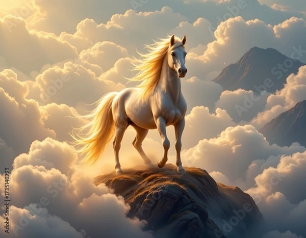 Fototapeta A breathtaking aerial perspective capturing a majestic white horse above the clouds ethereal landscape dreamy viewpoint