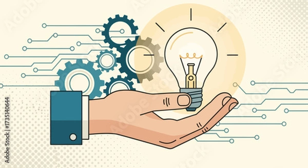 Fototapeta A hand holding a glowing lightbulb, symbolizing innovation and ideas, with gears and circuits representing technology.