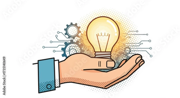 Fototapeta Hand holding a glowing light bulb with gears and circuit lines, symbolizing innovation, technology, and creative solutions.