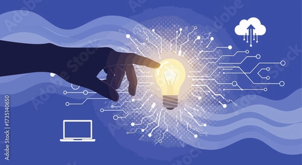Fototapeta Digital innovation concept: hand touching a glowing lightbulb, representing ideas and technology.