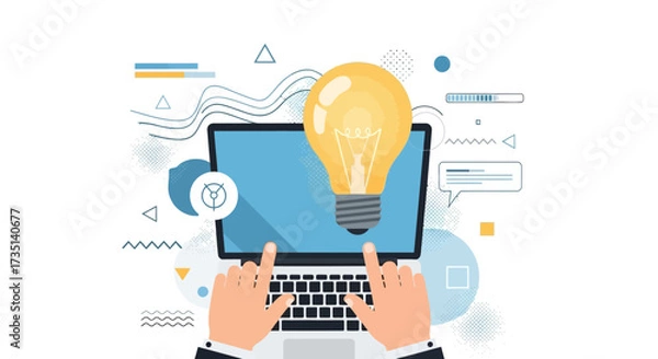Fototapeta Illustration of a laptop with a lightbulb on the screen, representing ideas and innovation.