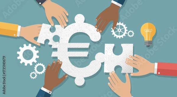 Fototapeta Hands assembling a Euro symbol puzzle, surrounded by gears and a lightbulb, symbolizing collaboration and innovation.