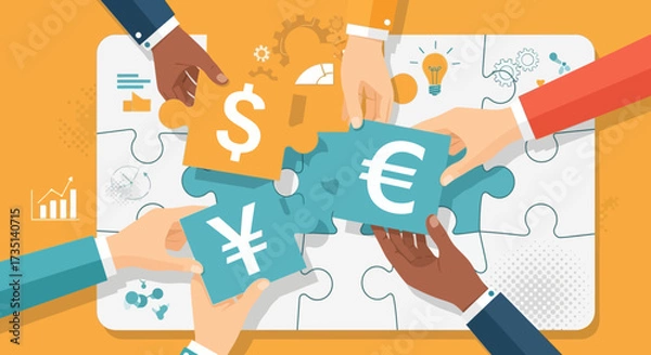 Fototapeta Diverse hands assembling puzzle pieces with global currency symbols, representing international financial collaboration and teamwork.