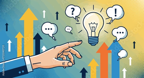 Fototapeta Illustration depicting a hand pointing towards a lightbulb, symbolizing ideas and growth, with upward arrows.