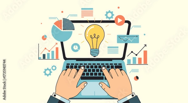 Fototapeta A person working on a laptop with a lightbulb symbolizing a new idea, surrounded by data charts and marketing icons.