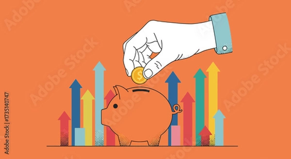 Fototapeta A hand dropping a gold coin into a piggy bank, symbolizing savings and investment growth with a rising bar chart.