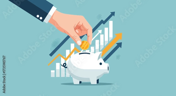 Fototapeta A hand placing a coin into a piggy bank with rising financial graph bars and arrows in the background, symbolizing savings and investment growth.