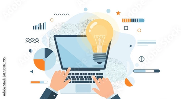 Fototapeta Creative concept of a laptop with a light bulb, representing ideas and innovation in business.