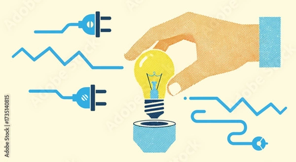 Fototapeta A hand holding a glowing light bulb, symbolizing innovation and new ideas, with electrical plugs and wavy lines representing energy and connection.