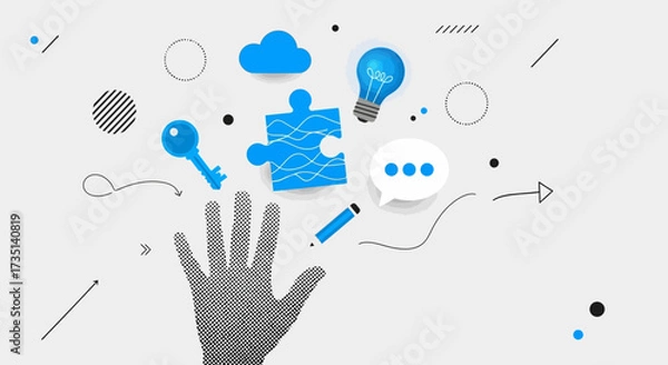 Fototapeta A stylized hand reaching towards a collection of abstract icons representing ideas, solutions, and communication.