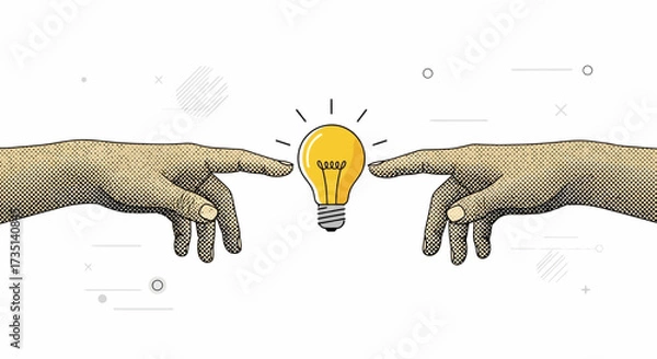 Fototapeta Two hands reaching out towards a glowing lightbulb, symbolizing the creation of an idea.
