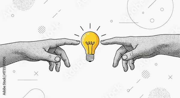 Fototapeta Artistic illustration depicting two hands touching a lightbulb, symbolizing ideas and innovation.