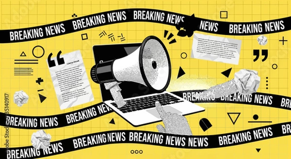 Fototapeta Breaking news concept with laptop, megaphone, and crumpled paper on a yellow grid background.