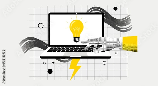 Fototapeta A hand points to a laptop displaying a bright idea lightbulb, symbolizing innovation and technology.