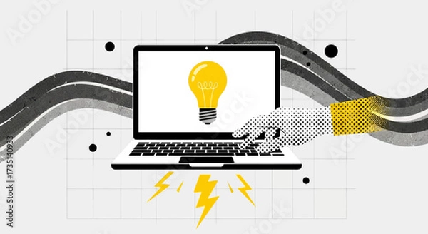 Fototapeta A stylized illustration of a hand interacting with a laptop displaying a glowing lightbulb, symbolizing innovation and ideas.