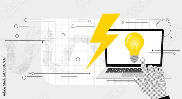 Fototapeta Digital concept of innovation and ideas with a laptop displaying a light bulb, a lightning bolt, and a pointing hand.