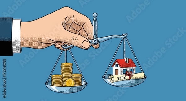 Fototapeta A hand holding a balance scale weighing a stack of gold coins against a house with a property title scroll, symbolizing real estate investment and value.