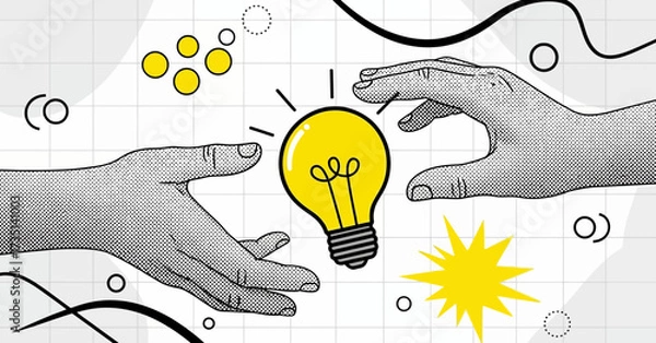 Fototapeta Two hands reaching out to share a glowing lightbulb, symbolizing the exchange of ideas and innovation.